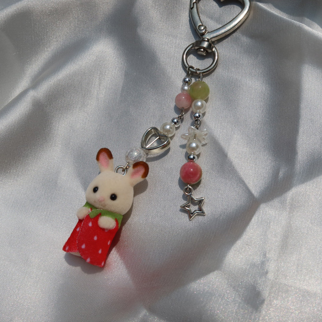 Calico Critter Keychain - Strawberry Baby Bunny (Silver)