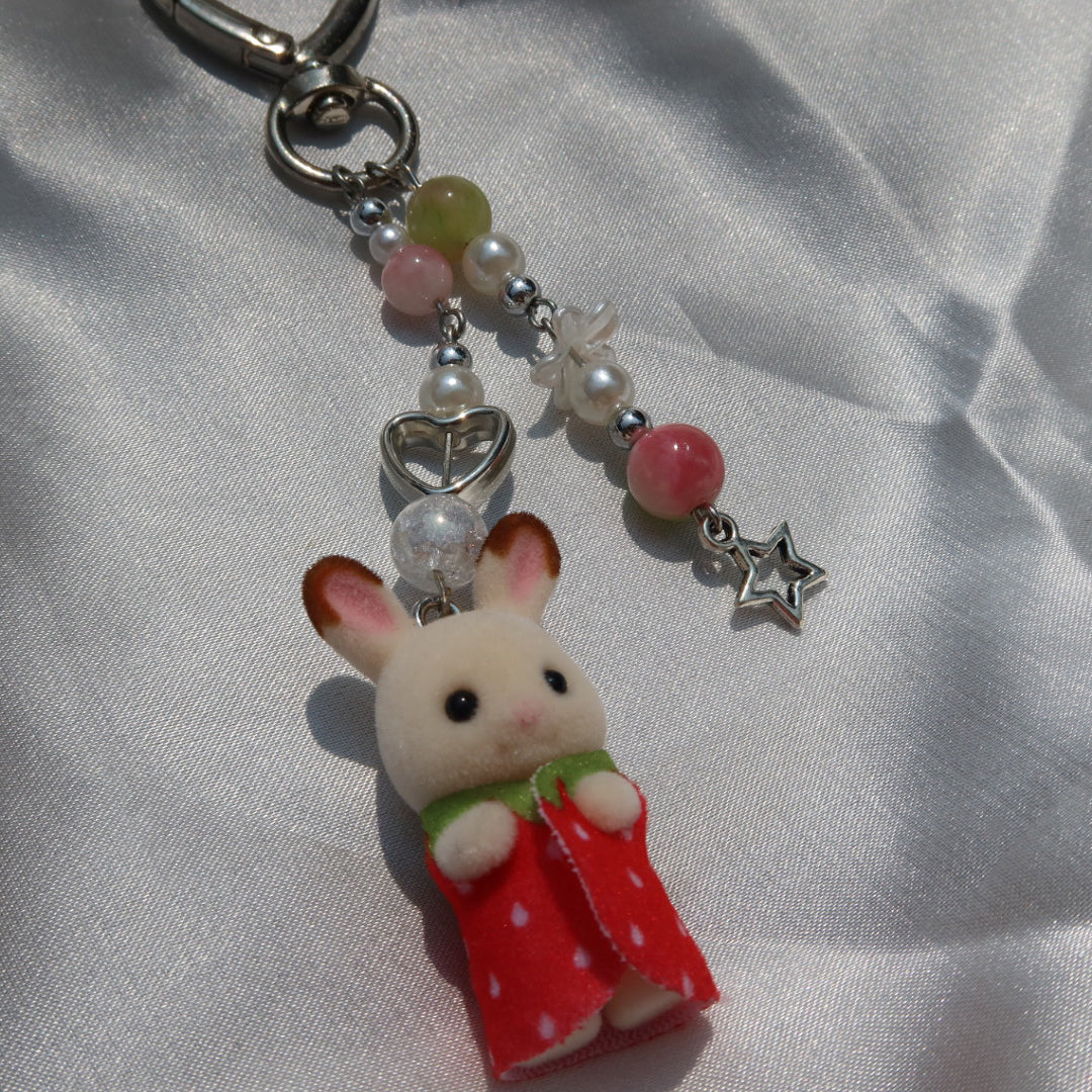 Calico Critter Keychain - Strawberry Baby Bunny (Silver)