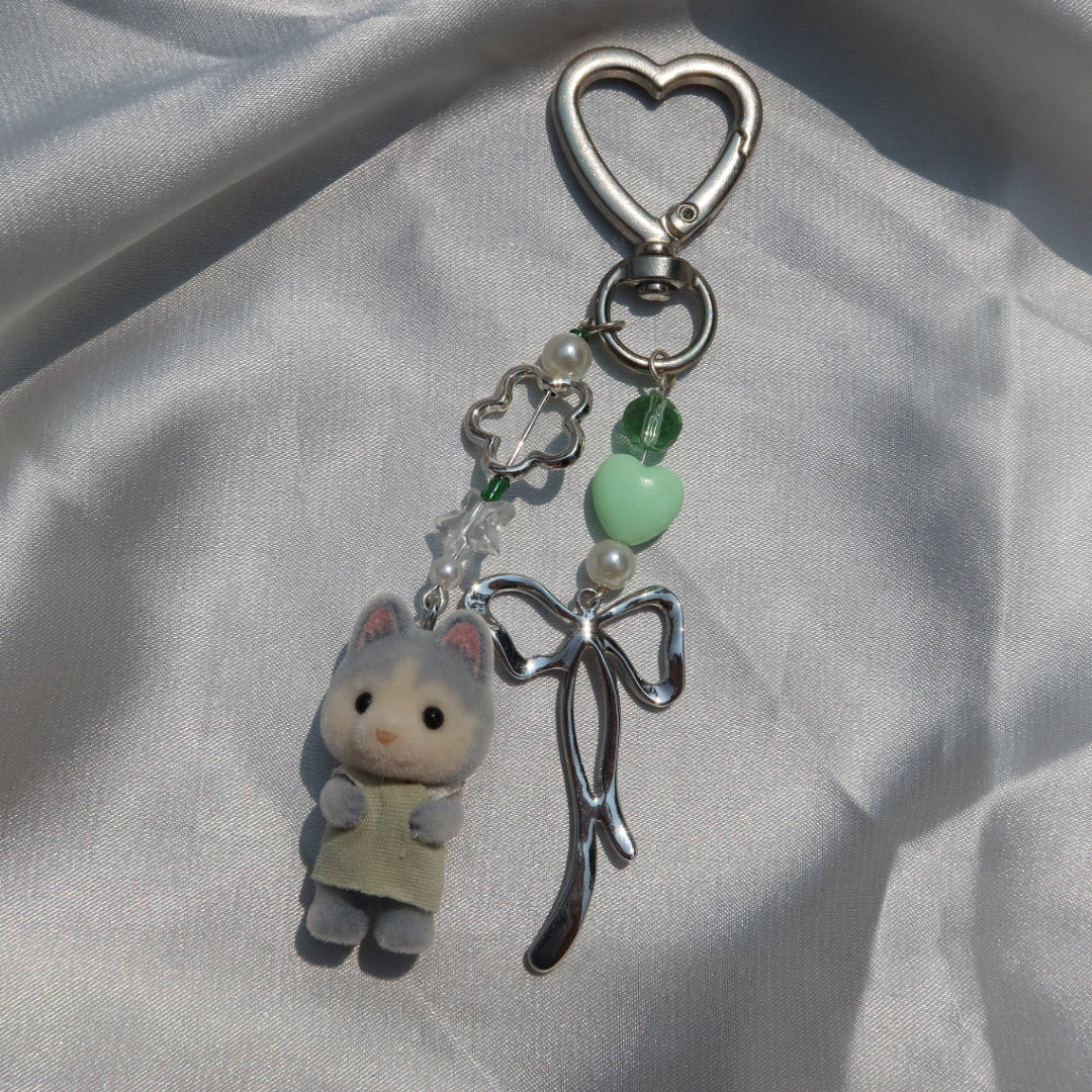Calico Critter Keychain - Green Baby Husky (Silver | Custom Clothing)