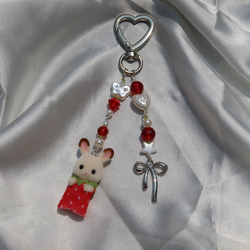 Calico Critter Keychain - Strawberry Baby Bunny (Silver)