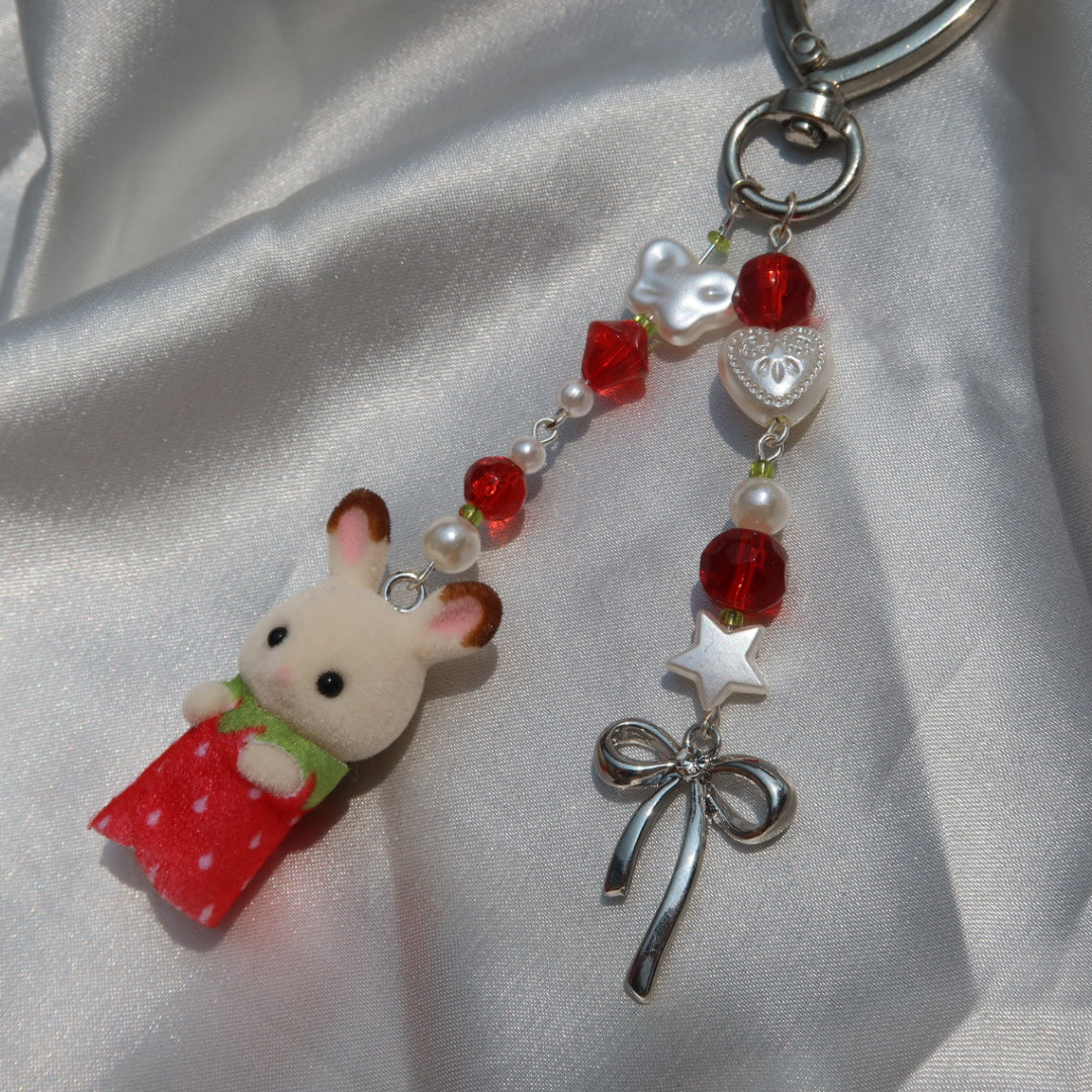 Calico Critter Keychain - Strawberry Baby Bunny (Silver)