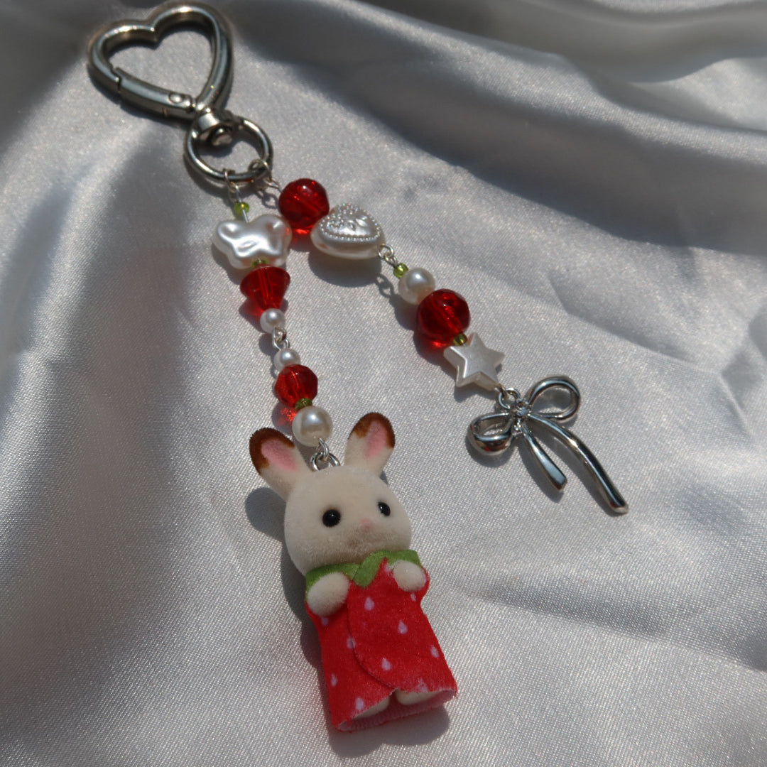 Calico Critter Keychain - Strawberry Baby Bunny (Silver)
