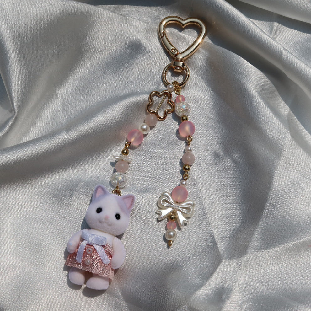 Calico Critter Keychain - Pink Cat (Gold | Custom Clothing)