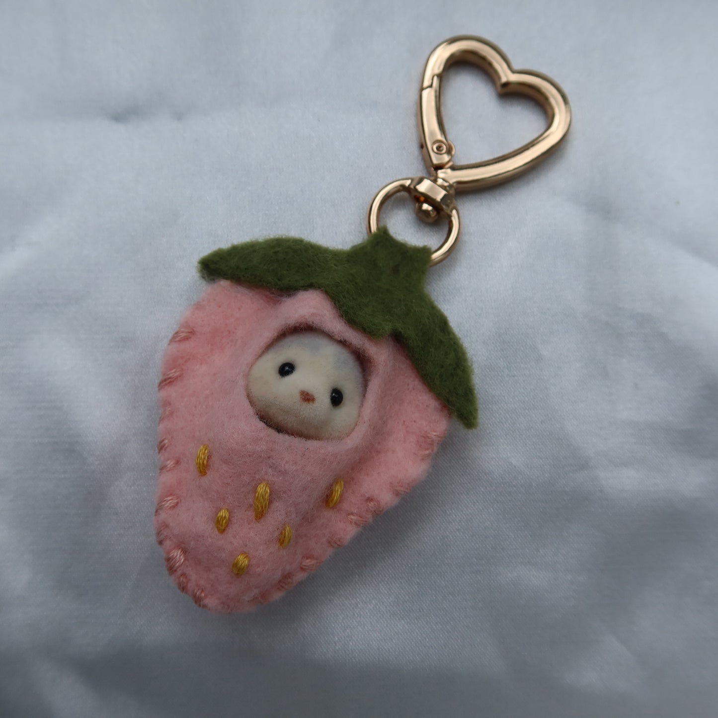 Pink Strawberry Calico Critter Keychain (Gold)