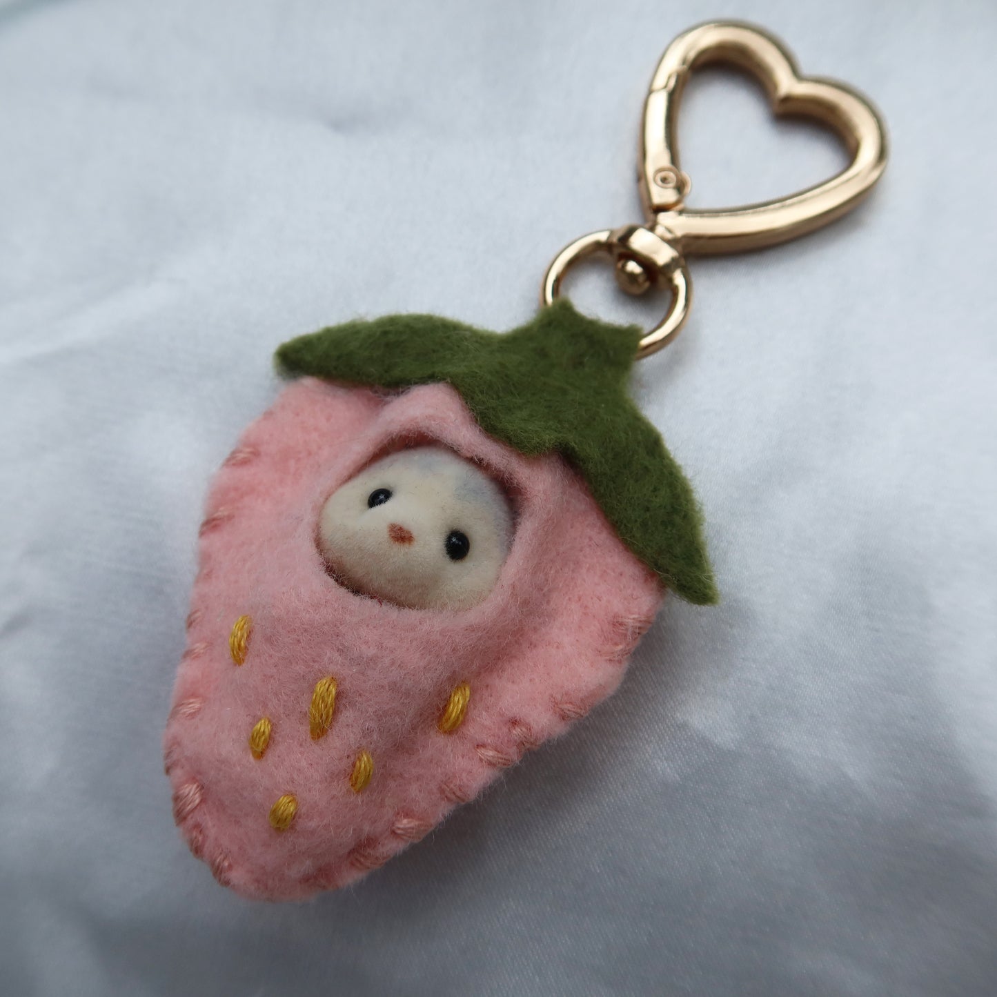 Pink Strawberry Calico Critter Keychain (Gold)