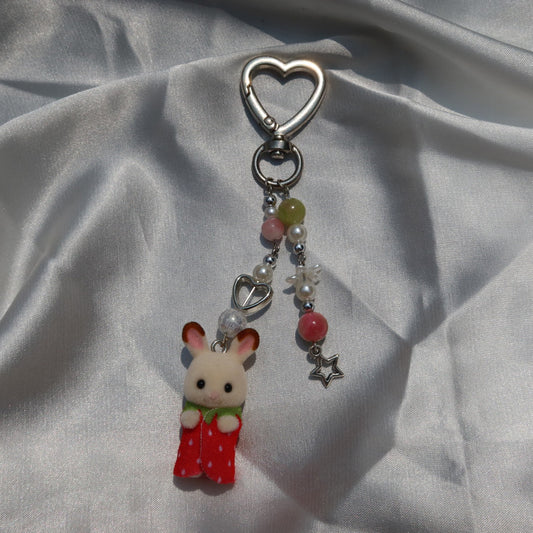 Calico Critter Keychain - Strawberry Baby Bunny (Silver)