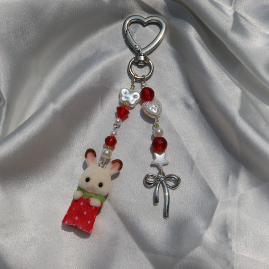 Calico Critter Keychain - Strawberry Baby Bunny (Silver)