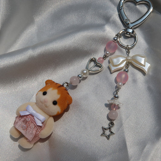 Calico Critter Keychain - Pink Tiger Cat (Silver | Custom Clothing)