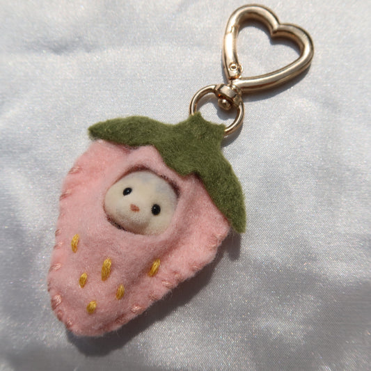 Pink Strawberry Calico Critter Keychain (Gold)